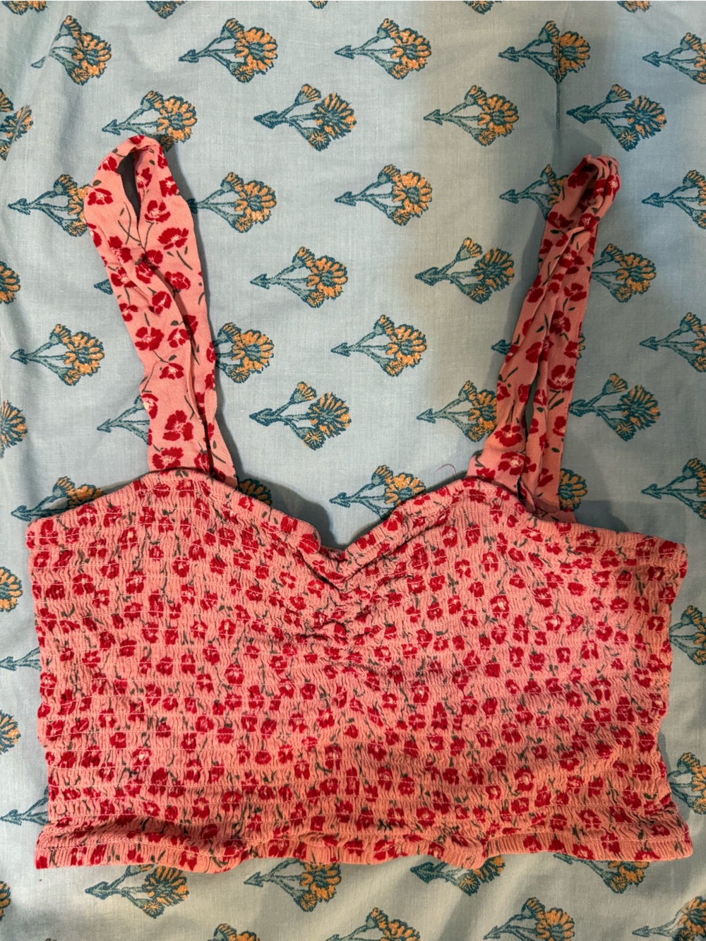 Pink Floral Smocked Crop Top with Adjustable Straps